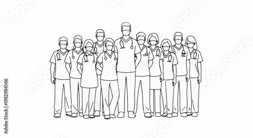 A diverse group of medical professionals stand together, masked and with stethoscopes