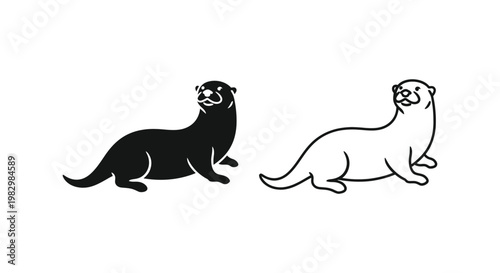 Minimalist otter vector icons, black silhouette and line art otter illustrations, aquatic mammal wildlife graphics for logo design and branding
