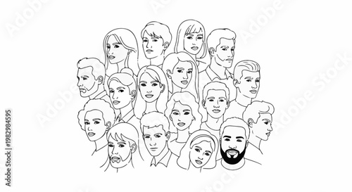 A diverse group of people's faces, rendered in a simple black and white line drawing style