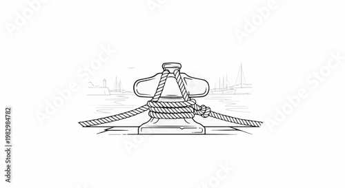 A dock cleat with a thick rope tied around it in a harbor