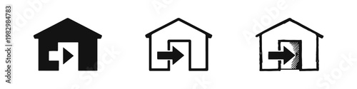 Building entrance icon set with a directional arrow pointing into a house in flat, outline, and hand-drawn styles