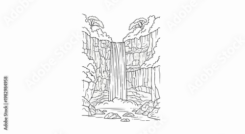 A dramatic, black and white sketch of a majestic waterfall cascading down rugged cliffs