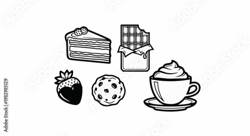 A dessert collection featuring cake, chocolate, cookie, strawberry, and coffee