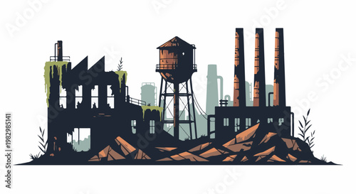A desolate, abandoned industrial complex with smokestacks and a water tower