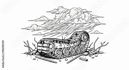 A destroyed tank lies on rubble with stormy clouds above