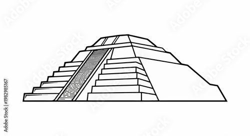 A detailed black and white drawing of a stepped pyramid with stairs