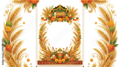 Vibrant Baisakhi Punjabi Sikh Harvest Festival Frame with Golden Wheat Ears Traditional Dhol Drums Marigold Flowers and Diyas Festive Cultural Background
