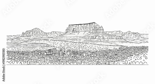A detailed black and white sketch of a city nestled against towering red rock formations