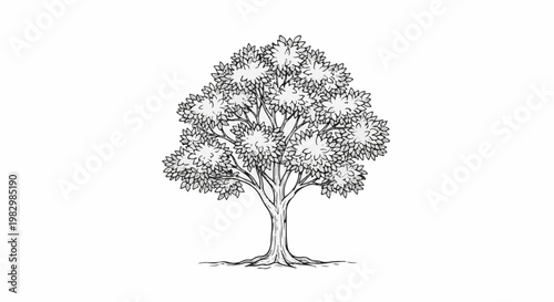 A detailed black and white sketch of a leafy tree with a thick trunk and visible roots