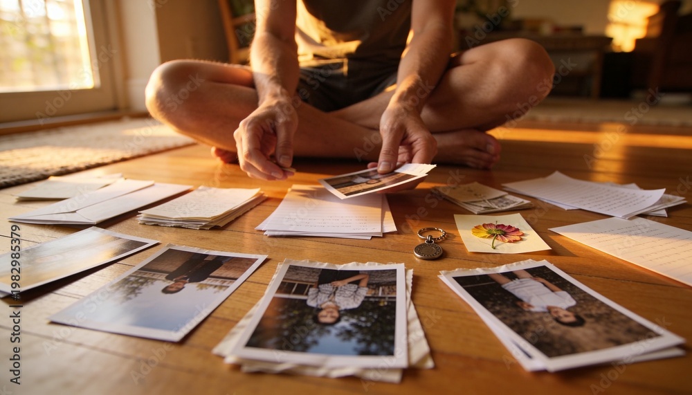Obraz premium Sorting man arranging prints and letters on wood floor at home, t-shirt and shorts, pocket watch