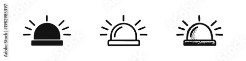 Emergency alarm siren beacon icon set for warning signals in flat, outline, and hand-drawn sketch styles