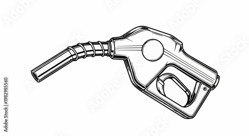 A detailed black and white illustration of a fuel dispenser nozzle on a white background