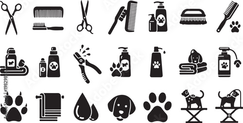 Pet grooming tools and accessories icon set collection