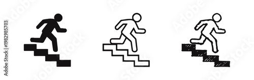 Emergency staircase evacuation icon set with a person running down in flat, outline, and hand-drawn styles