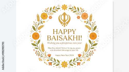 Vibrant Baisakhi festival greeting card design with traditional Punjabi Sikh Khanda symbol and harvest floral wreath wishing a prosperous new year celebration