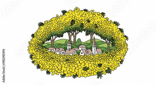A charming village nestled amongst trees, framed by abundant yellow blossoms