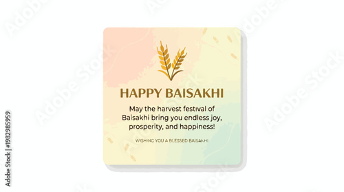 Happy Baisakhi harvest festival greeting card design with wheat stalks and a heartfelt message for joy, prosperity, and happiness celebration