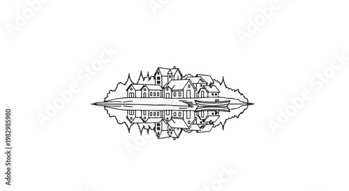 A charming village with houses and a boat reflected in the water