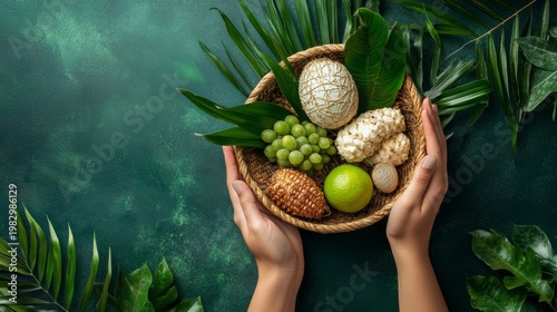 Hands hold a basket filled with colorful fruits surrounded by lush greenery, reflecting Sukkot festivities and harvest