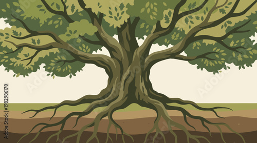 An ancient, majestic oak tree with sprawling branches and exposed roots, symbolizing strength, growth, and the interconnectedness of life