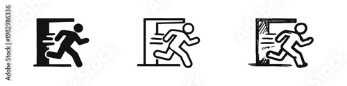 Fast emergency exit icon set with a person running through a door in flat, outline, and hand-drawn styles