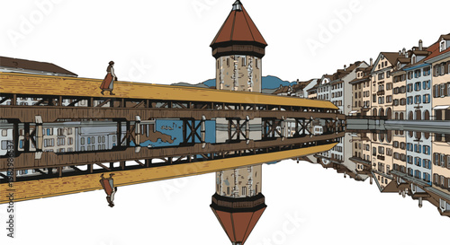 A charming wooden bridge with a tower and buildings reflected in water