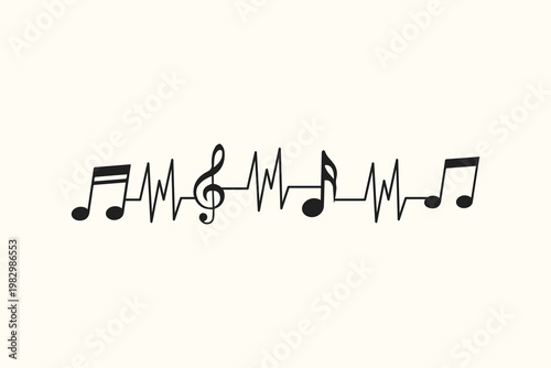 Music note line icon set arranged in rhythm style, representing sound, melody, and musical composition.