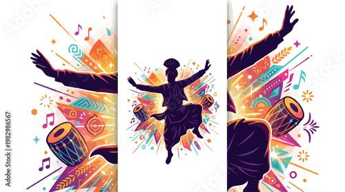Vibrant vector illustration of a spirited Punjabi Bhangra dancer celebrating the Baisakhi festival with traditional dhol drums and energetic musical elements