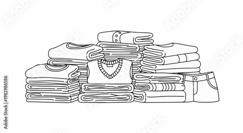 A collection of folded clothes, including sweaters, t-shirts, and pants, neatly stacked