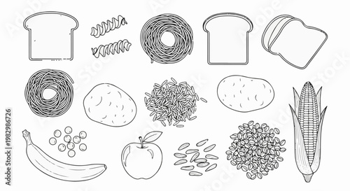 A collection of healthy food items drawn in outline