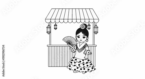 A cartoon flamenco dancer with a fan stands before a market stall