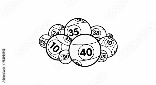 A collection of numbered circular balls, resembling lottery or bingo balls, clustered together