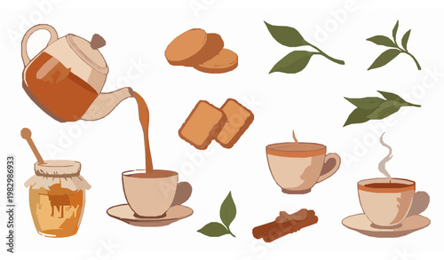 Cozy Tea Time Vector Set Teapot Cups and Sweet Accessories on White Background