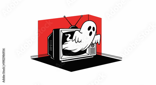 A cartoon ghost emerges from an old television set within a red corner