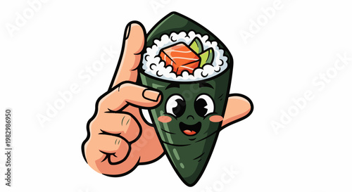 A cartoon hand holds up a smiling sushi cone with salmon and avocado
