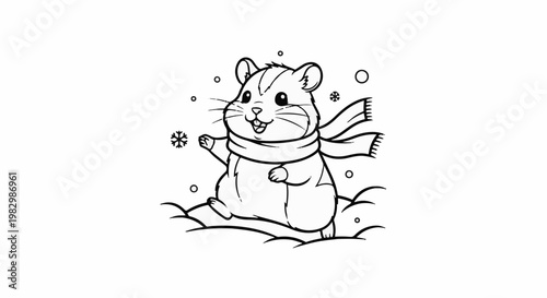 A cartoon hamster with a scarf happily runs through the snow, snowflakes falling