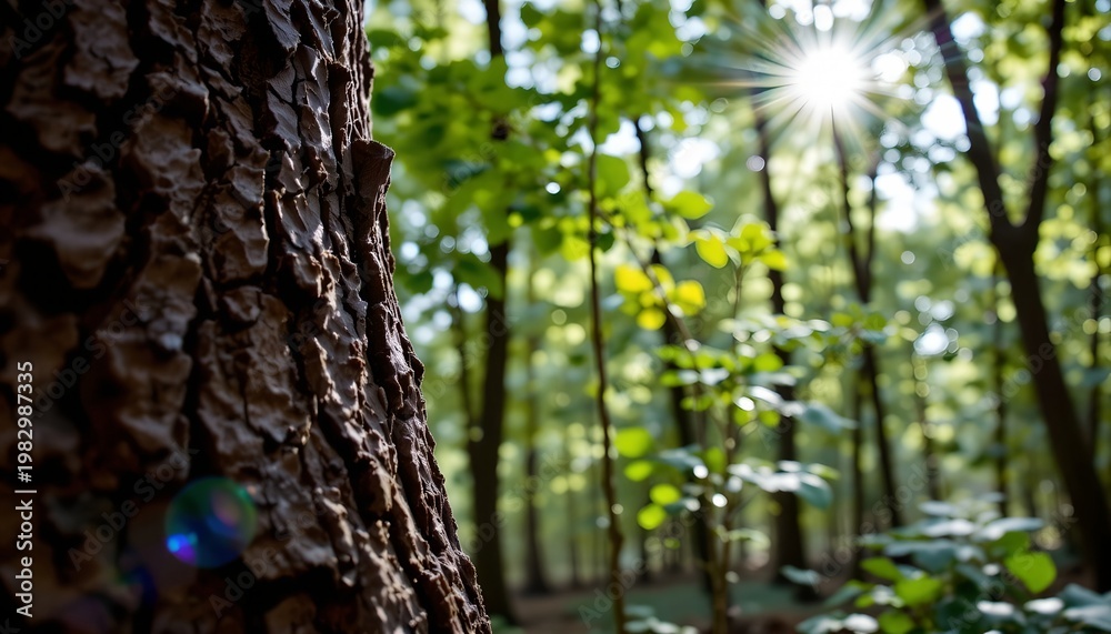 Fototapeta premium Sunlit Forest View with Textured Tree Bark and Green Foliage