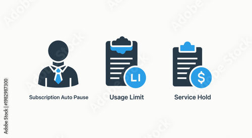 Business subscription status and service management icons with subscription business management customer professional administrative operations corporate membership illustration collection