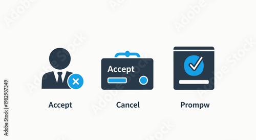 User interface accept and cancel action icon set with menu icons system action command prompt digital buttons action symbols interface elements user choice application control interface