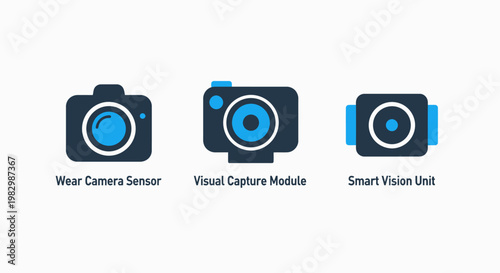 Smart camera and visual capture technology icon set with technology security monitoring photography hardware innovation industry automation advanced equipment engineering technical