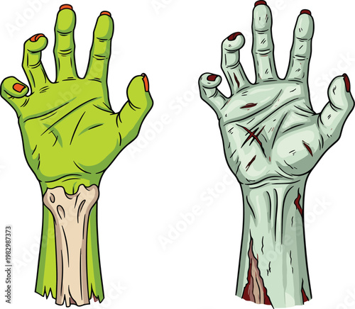Creepy Zombie Hands Illustration with Green and Rotten Undead Arms, Horror Halloween Vector Design Featuring Scary Monster Skin and Grunge Details.