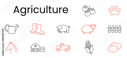 Agriculture set icon. Outline pictograms, tomatoes, paw print, watering can, boots, pig, sheep, fence, horse head, barn house, pickup truck, corn cob, potatoes
