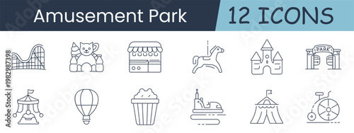 Amusement park set icon. Roller coaster, teddy bear, ticket booth, carousel horse, castle, park gate, circus tent, hot air balloon, popcorn, bumper car, fair attraction.