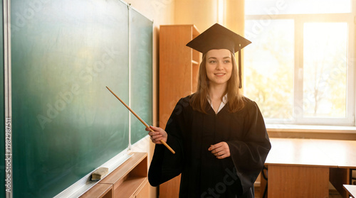 Professional female teacher in academic gown standing near blackboard in school classroom