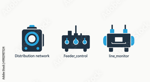 Industrial network management icons including distribution network feeder control and line monitor with industrial distribution monitoring technology engineering infrastructure electrical