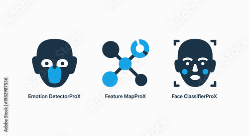 Biometric facial recognition and feature analysis icons for security systems with biometric recognition security analysis technology identification software computer verification protection