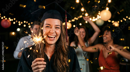 Happy female graduate holding sparkler during night graduation party celebration with friends