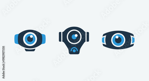 Set of three digital surveillance camera and lens icons with surveillance security technology recording protection electronic equipment illustration abstract collection minimalist interface