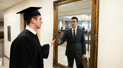 Male graduate in gown looking at business suit reflection in mirror representing career transformation