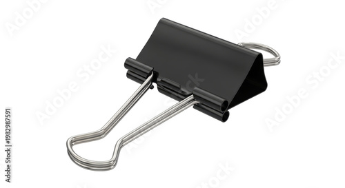 Essential black binder clip, a common office and stationery accessory, ready to securely hold and organize documents and papers on a pristine white background
